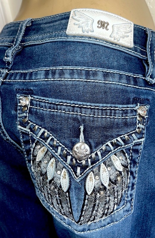 MISS ME Crystal Angel Wing Faux Flap Pocket Mid-Rise BOOT Plus Size jeans-33 x33
