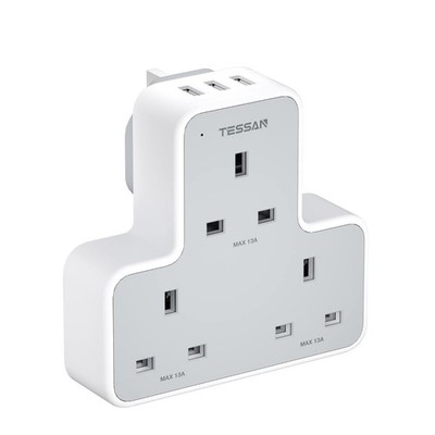 3 Wege Stecker Adapter TESSAN Wandverlängerung mit 3 USB Ports Mehrfachsteckdose Ladegerät