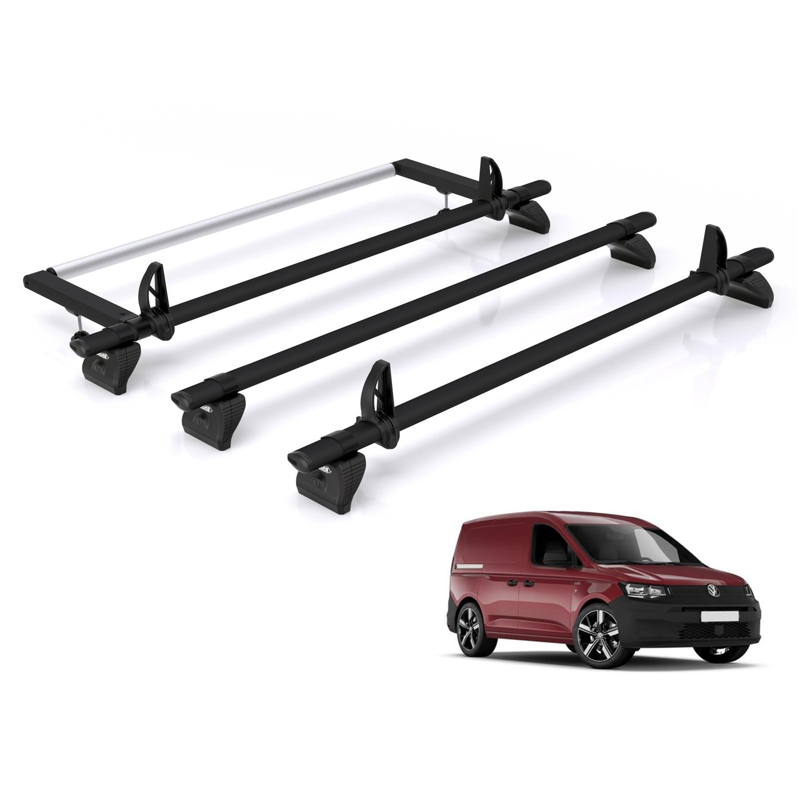 VW Caddy Roof Rack for 2020+ [Barn Doors] 3x Roof Bars + Roller Rhino Black