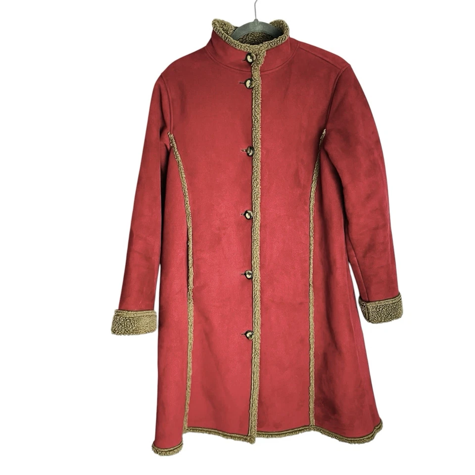 复古 LL Bean Sherpa Pennylane 外套女式 M 蔓越莓红色人造麂皮绒厚长 — 第 3/4 张图片