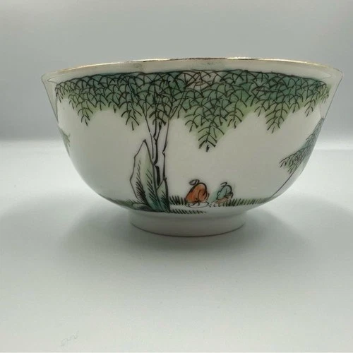 Vintage Chinese Porcelain Bowl Hand-Painted Landscape Scene Marked “China”