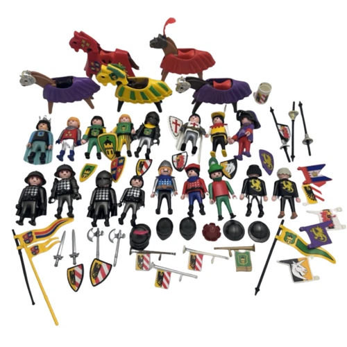 Vintage Playmobil Medieval Knights Lot Horses Shields Flags Weapons Figures
