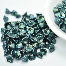 25 Beads - 7x5mm Bell Flower Polychrome Mint Chocolate - Czech Glass