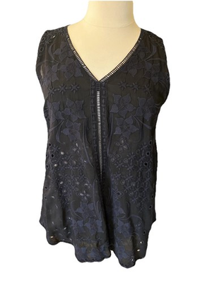 #ad Johnny Was Black Tank Eyelet L Embroidered Tank Top Large Cupra Rayon Boho Shirt $64.00