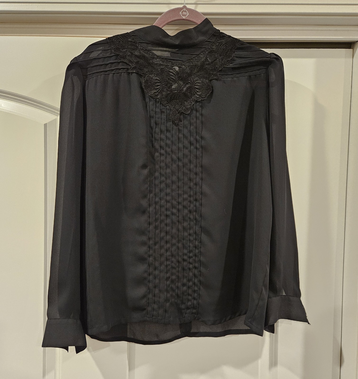 vintage Black Chiffon Poly semi sheer long sleeve blouse with lace . Embroidered