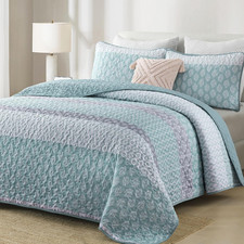 Aqua Quilt Set King Size Boho Striped Bedspread Lightweight Soft Microfiber Bedd