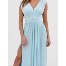 ASOS Light Blue Pleated Lace Trim Maxi Dress Sleeveless V-Neck Wedding Guest 4