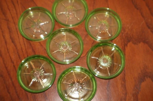7 Vintage Uranium Federal Glass Green Coaster Ashtray 3” MCM Glows  Star Burst