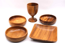 Mixed Wood Set Server Ware 5 Pc Bar Ware Square 3 Bowls Goblet Serving Party Vtg