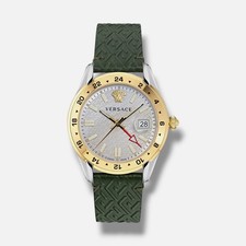 Versace Men's Green Leather Greca Time GMT Quartz Strap Watch 41MM.