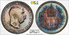 MS64 1914 Austria Silver 1 Corona, PCGS Trueview- Beautifully Toned