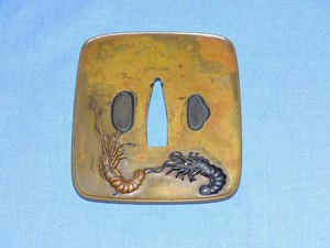 Japanese Samurai Sword Guard TSUBA, Soft Metal, Bronze w/ Lobster Design (#28)