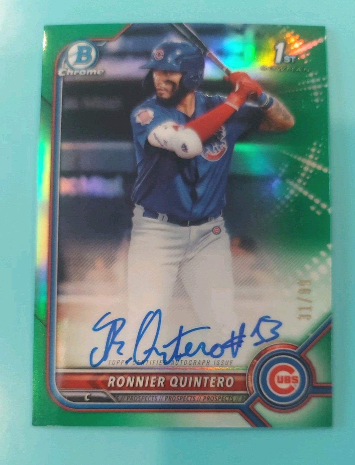 2022 Ronnier Quintero 1st Bowman Chrome Autograph Green Shimmer /99, Cubs