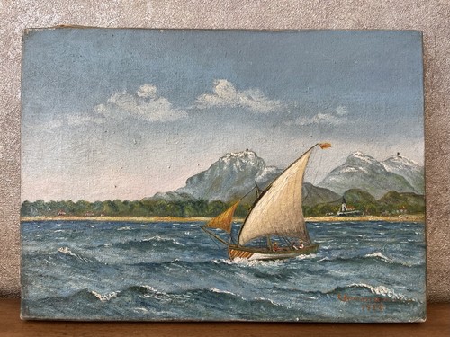Velero impresionista en el mar paisaje costero montañoso pintura al óleo 1920 - Imagen 11 de 13