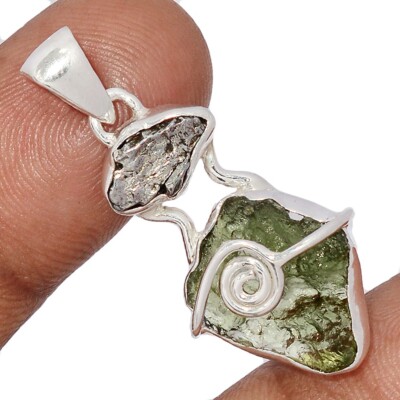Genuine Czech Moldavite & Meteorite Campo Del Cielo 925 Silver Pendant CP67137