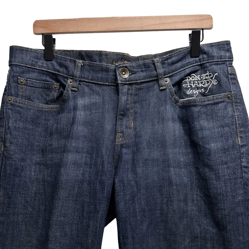 Jeans acampanados Ed Hardy Y2K para mujer talla 32 tiro súper bajo denim oscuro lavado deletreado Foto 2 de 4