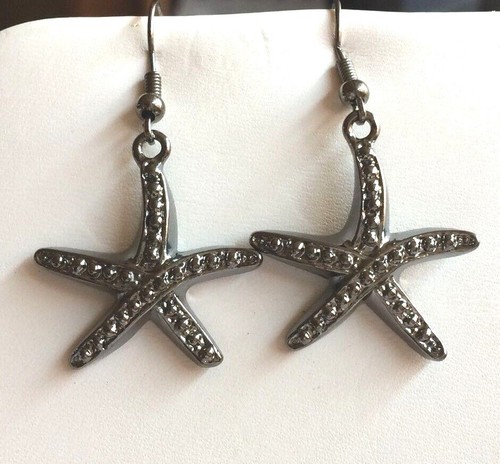 Gunmetal Starfish Earrings Sea Life Island Beach Nautical Dangle Silver Plated