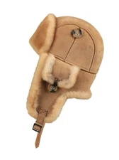 Unisex Trapper Leather Aviator Genuine Shearling Sheepskin Hat-Tan