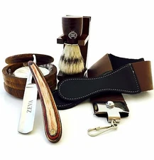 DELUXE 6 PC WOOD CUT THROAT STRAIGHT RAZOR SHAVING SET/KIT IN A GIFT BOX