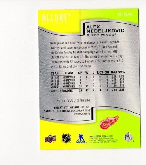 2021-22 Upper Deck Allure Alex Nedeljkovic #R-58 Yellow/Green Rainbow Detroit - Image 2 of 2