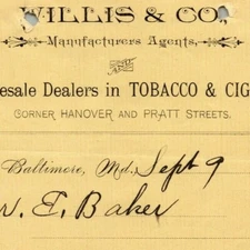 1896 Letterhead Billhead Receipt Willis & Co. Tobacco Baltimore Ephraim Baker* 