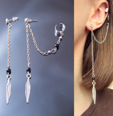 Long Chain Ear Cuff Feather Charm Ear Jacket Fake Piercing