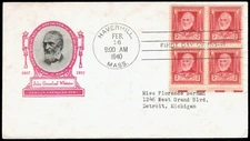 US 865 John Greenleaf Wittier Poet 2c blck FDC Feb 16 1940 Haverhill IOOR F865-2