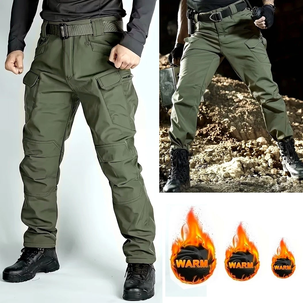 Mens Winter Cargo Trousers Thermal Pants Work Pants Warm Soft Shell Fleece Army Green