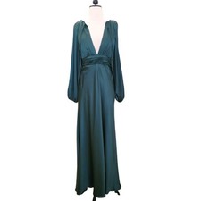 Mac Duggal 55397 Emerald Green Long Sleeve Satin Cold Shoulder Maxi Dress Size 4