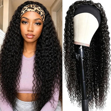 22" Human Hair Headband Wig Deep Wave Curly Glueless Unprocessed Natural Black