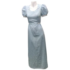 White Blue Gingham 60s Cottage Core Puff Sleeve Womens S Long A-Line Dress