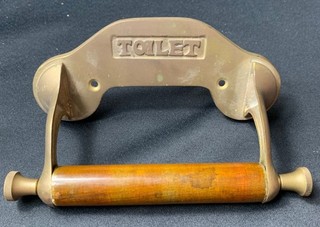 Vintage Brass and Wood Toilet Roll Holder with TOILET Sign Z#1008