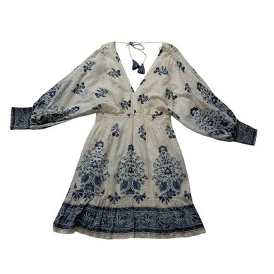 Lovestitch Mini Dress Womens Large Cream Blue Floral Metallic Boho Cottagecore