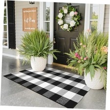  Buffalo Plaid Outdoor Checkered Rug 24'' x 51", Black and White Door Mat 