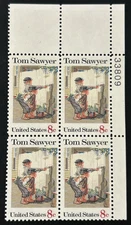 US Stamp 1470 8c Tom Sawyer Error EFO Plate Block Dramatic Misreg. Color Shift