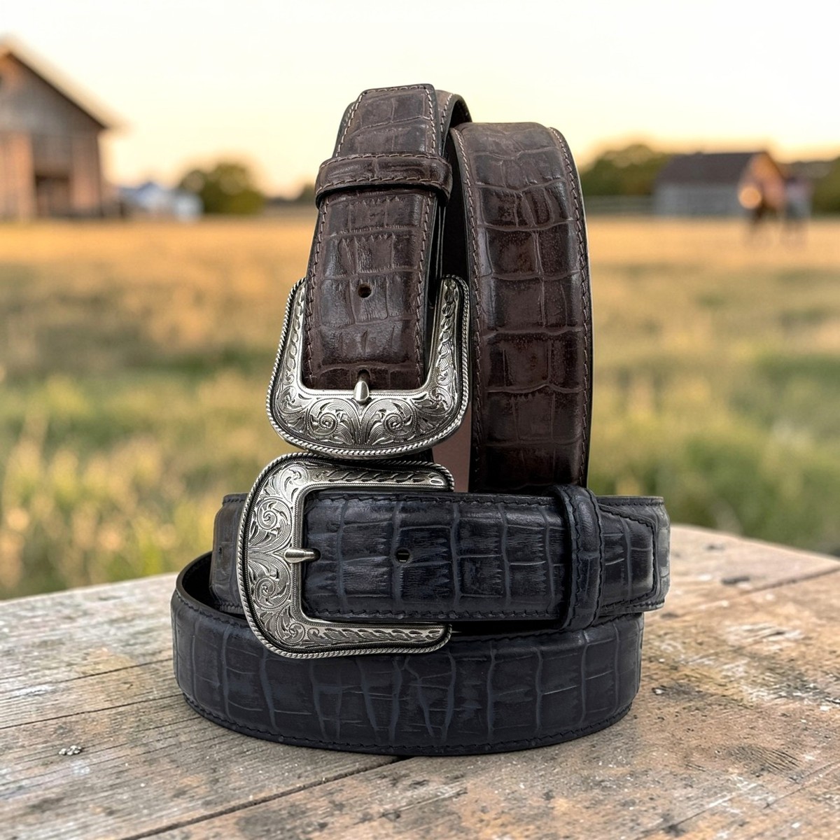 Men's Croc Embossed Leather Belt with Western Buckle Full Grain