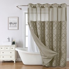 Khaki No Hook Shower Curtain and Fabric Liner Set, Boho Tufted Chevron Stripe...