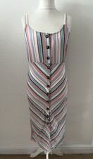 George Size 10 Pink Blue Striped Midi Sundress Linen Cotton Blend Button Down