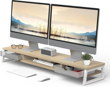 Large Dual Monitor Stand with Drawer - 42.5 Inch Wooden Desk Shelf
