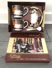 Set Of 2  Porcelain Americano/ cappuccino Coffee Cups ,Saucers spoons solecasa