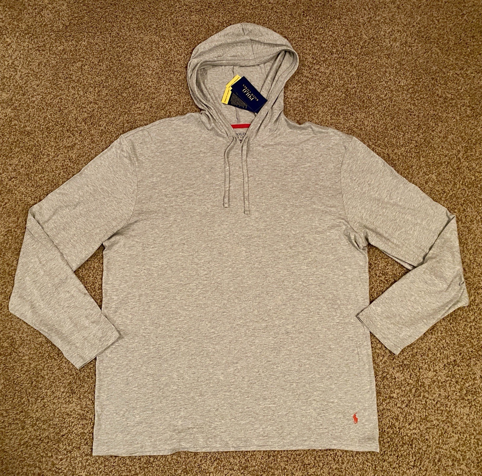 Nuova Polo Ralph Lauren T Shirt Uomo XL Grigio Cappuccio Girocollo Pony Maglietta Manica Lunga