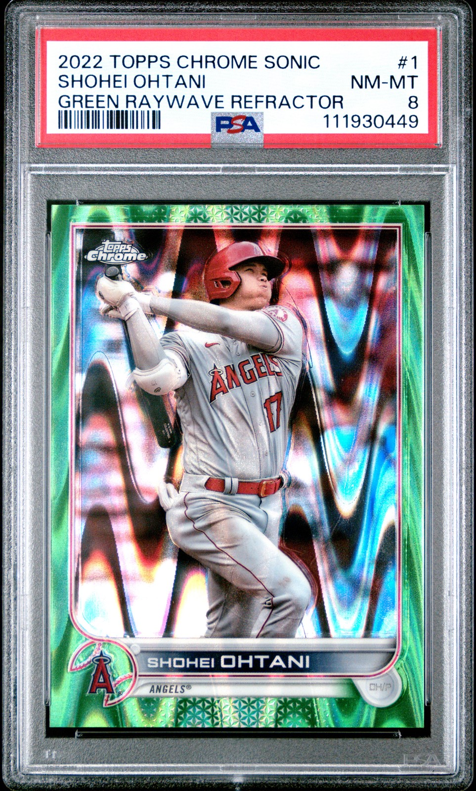 2022 TOPPS CHROME SONIC GREEN RAYWAVE REFRACTOR #1 SHOHEI OHTANI 29/99 PSA 8