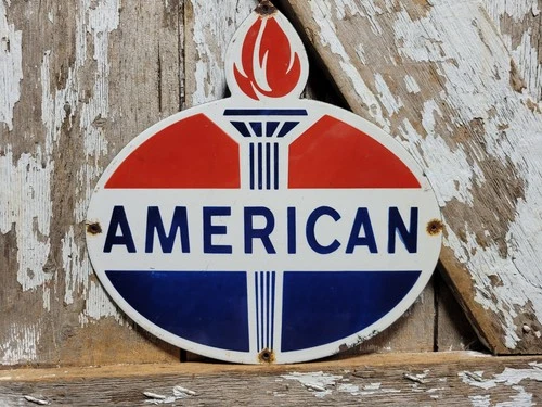 VINTAGE AMERICAN PORCELAIN SIGN OLD STANDARD GAS OIL DIECUT SERVCIE GARAGE TORCH
