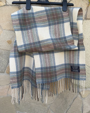 Lochmere Scotland Merino Wool Cashmere Scarf Blue Grey Stewart Tartan Plaid