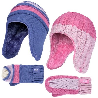 Wärmehalter - Kinder Mädchen Strick Thermo Bommelmütze und Fäustlinge Set mit Ohrenklappen