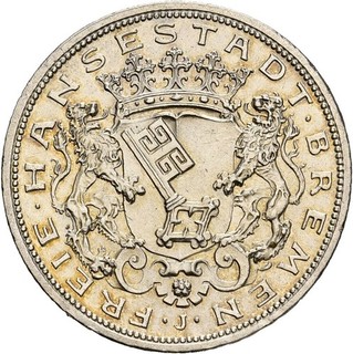 Künker: Bremen 5 Mark 1906 J Silber