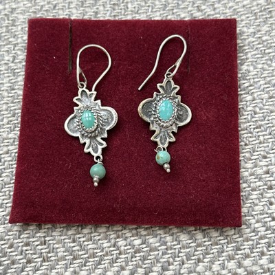 Silver Plate Turquoise Navajo Native American Hook Dangle Drop Earrings