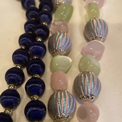 2 VTG Silk Thread Wrapped Beaded Necklaces Pink & Green Glass + Blue W Goldtone