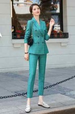 Tailleur completo donna giacca pantaloni maniche slim fit azzurro quadri T023