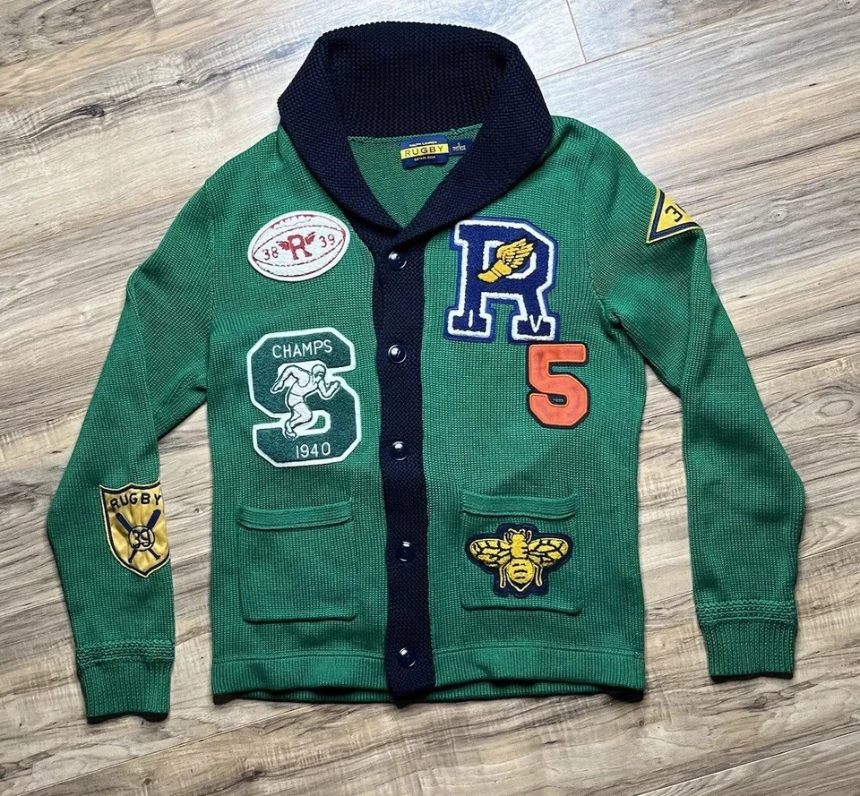 Ralph Lauren Rugby Ala P Indian Varsity Letterman Parche Cárdigan Suéter Pequeño Foto 3 de 4